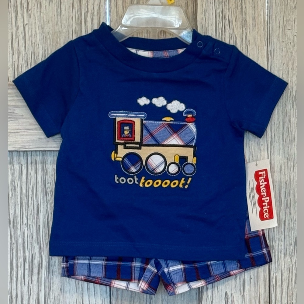 Fisher-Price Royal Blue Train Tee and Plaid Shorts Set sz Newborn